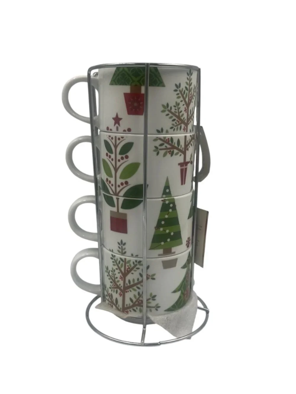 Vintage Pier 1 Christmas Tree Stacking Mugs with metal rack 1990’s era NWT